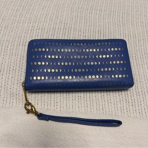 Fossil wallet Blue Cowhide Leather Zip Around Wristlet Gold Moon Phases RFID